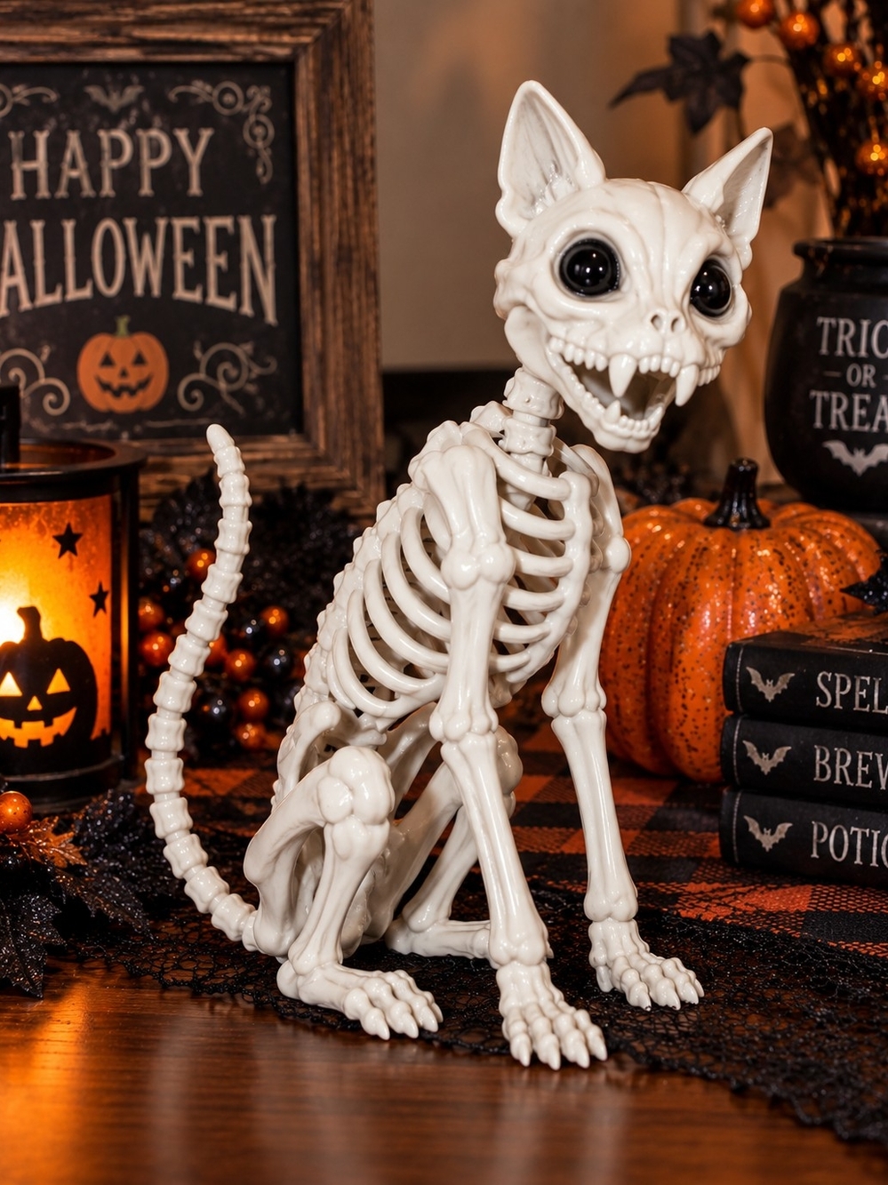 Halloween Skeleton Cat Figurine - White Decorative Accent, New eith Tags, 7.5"